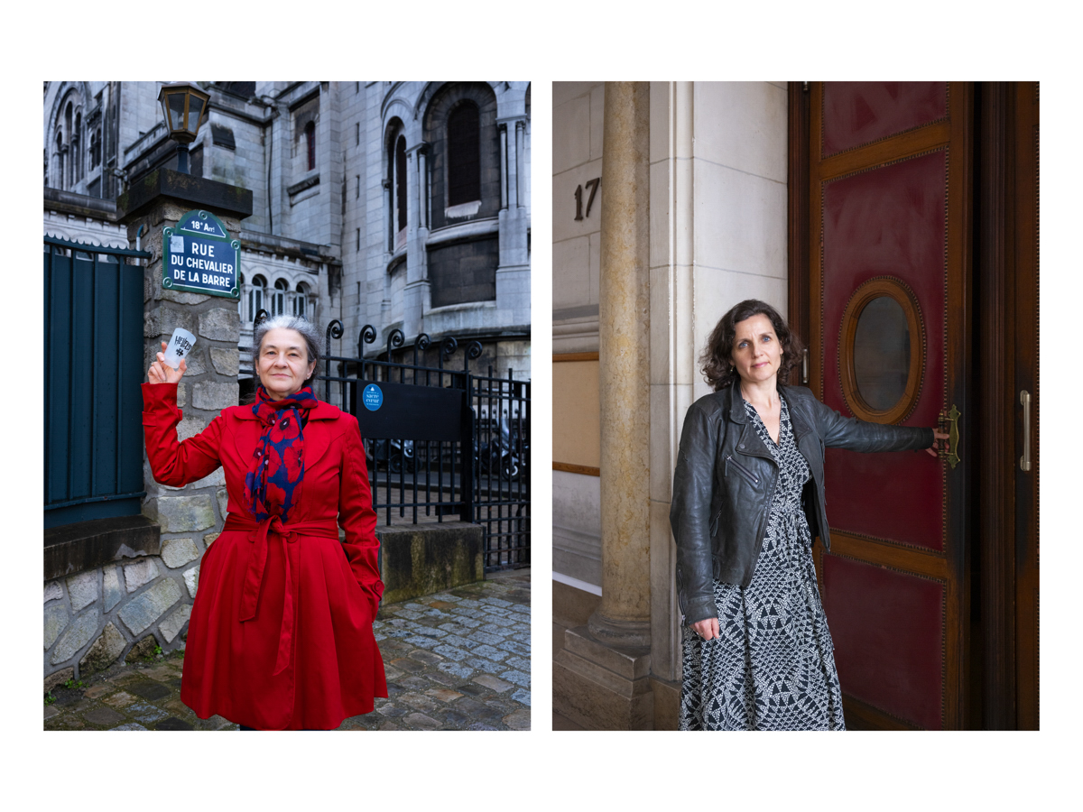 Projet LIBEX. Analyser les libertés d’expression et de conscience, hier et aujourd’hui. Dominique Lagorette, rue du chevalier de la Barre et Ana Arzoumanov devant l’historique porte de la 17e chambre correctionnelle du Palais de justice, traitant les affaires liées à la liberté de la presse.